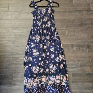 Floral Midi Dress Smocked Navy Pink Summer Casual Size 6 APRICOT